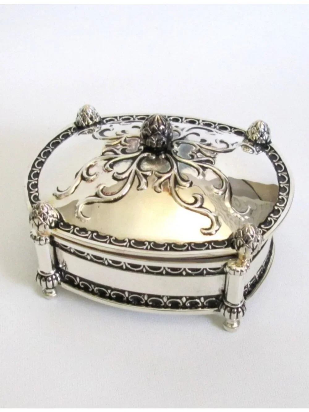 Silver Plated Footed Jewelry Box With Lid Velvet Lined Baroque Style 4 x 4 1/2